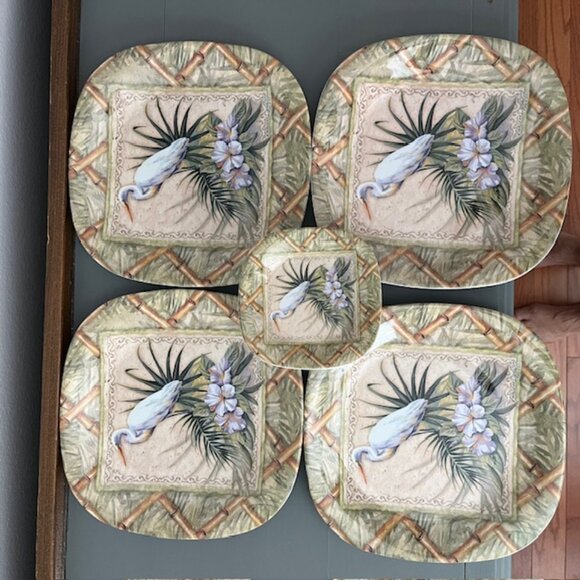 4 Melamine Dinner Plates with White Ibis Bird and Matching 8 Small Plates - Picture 2 of 7